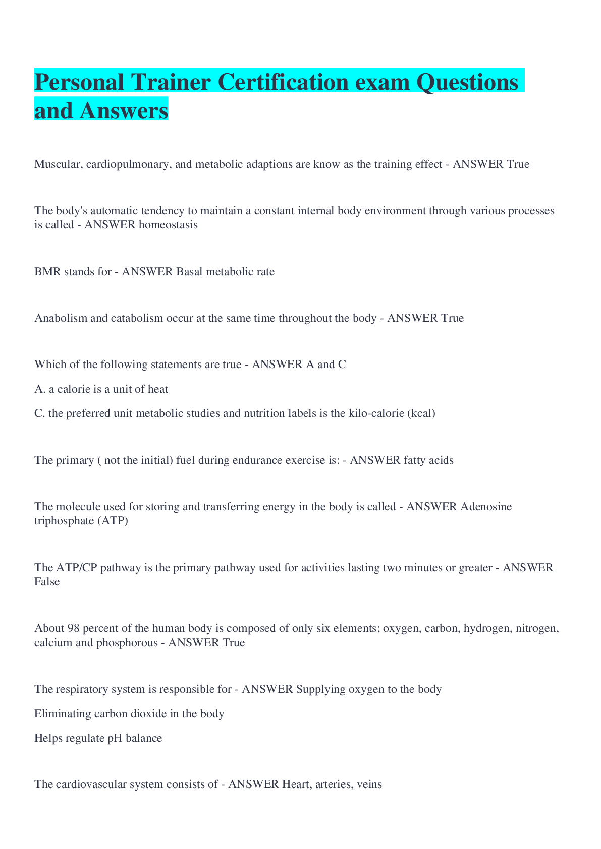 Preview of Personal Trainer Certification exam Questions and Answers